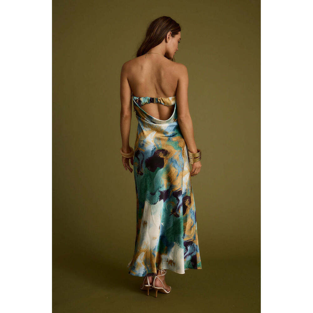 12th Tribe Natalia Blue and Gold Watercolor Strapless Maxi Dress Size XSXS - Picture 2 of 3
